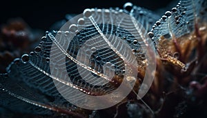 Macro underwater arthropod in green leaf, dew drop decoration generated by AI