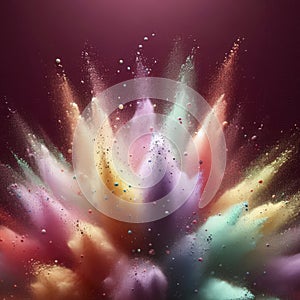 Macro Upward View of Soft Rainbow Colored Powder Against Solid Burgundy Background