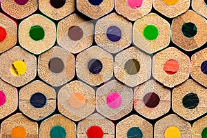 A macro of a very OCD orderly stack of unsharpened colored pencil ends.  Sharp and Highly Detailed with a shallow depth of focus