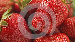 Macro video of a pile of red fresh sweet strawberries. Selective focus.