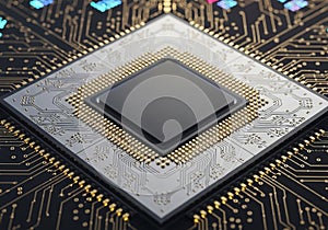 Macro view of advanced microprocessor chip with intricate circuitry and glowing elements