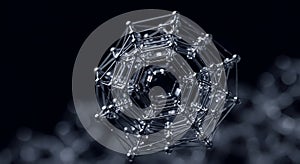 Chrome molecular cage structure on black background