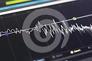 a macro view of the computer monitor screen with sound audio wave graph volume