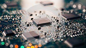 A macro view of a computer motherboard featuring multiple microchips