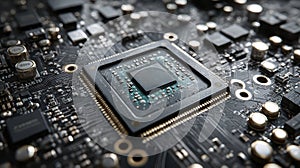 Macro view of a computer processor chip on a circuit board technology
