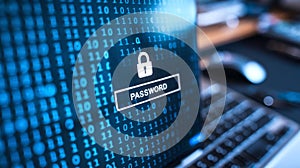 Macro View of Computer Screen Showing Binary Code and Password Security