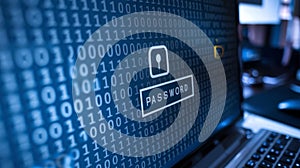 Macro View of Computer Screen Showing Binary Code and Password Security