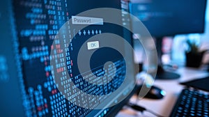 Macro View of Computer Screen Showing Binary Code and Password Security