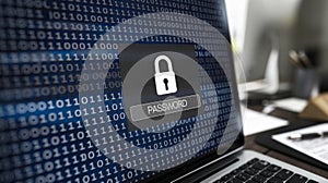 Macro View of Computer Screen Showing Binary Code and Password Security
