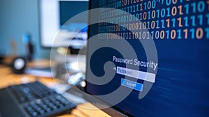 Macro View of Computer Screen Showing Binary Code and Password Security