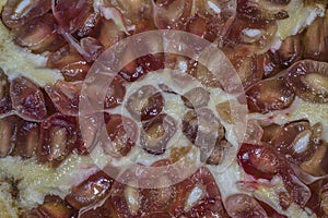 Macro view of a cut of grenadine fruit.