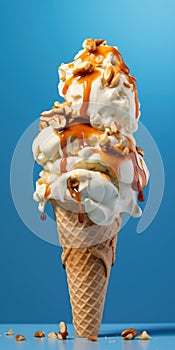 Macro view of delicious melting vanila icecream cones with caramel sauce and cashew nuts on a light blue background