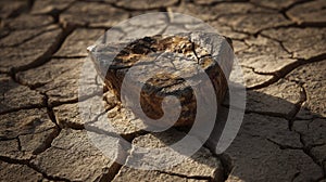 Macro view of dinosaur bone fossil embedded in dry cracked soil, shadows highlighting texture