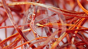 Macro view of dried saffron red stigma threads
