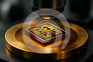 Macro view of etched copper quantum processor under microscope, highlighting advanced nanotechnology and precision electronics