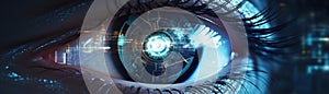 Macro view of eye with cybernetic iris, perfect for topics on surveillance, AI, biometric security, and futuristic