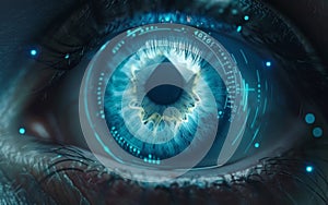 Macro view of an eye with a glowing blue digital enhancement, depicting concepts of surveillance and futuristic vision.