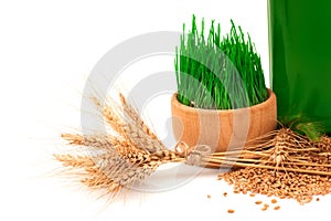 Macro view of glass green bottle with oil, sprouts of wheat in wooden bowl and ears of wheat with tied isolated on white