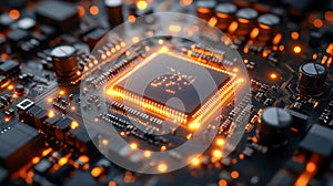 Macro view of a glowing microchip on a circuit board, emphasizing cutting-edge technology and innovation in a digital