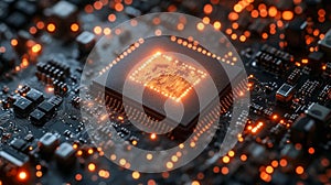 Macro view of a glowing microchip on a circuit board, emphasizing cutting-edge technology and innovation in a digital