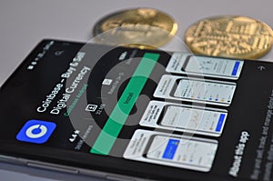 Macro view of gold and silver color shiny coins with Bitcoin symbol