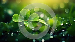 Macro view of green four-leaf clover with morning dew with blurred background