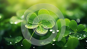 Macro view of green four-leaf clover with morning dew with blurred background