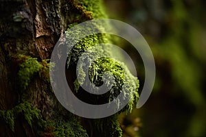 macro view of green moss on tree trunk, in shaded forest