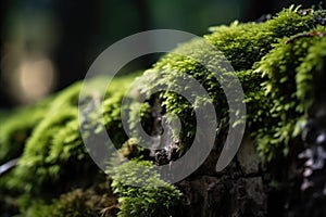 macro view of green moss on tree trunk, in shaded forest