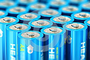 Macro view of the group of blue alkaline AA batteries