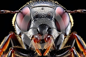 Macro view of the head of a bee on a black background