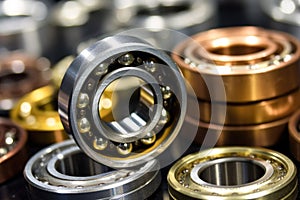 macro view of lubricated ball bearings in a bearing cage