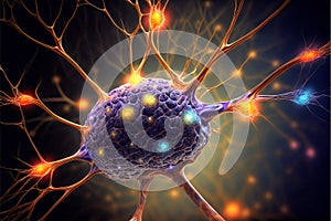 Macro view of neuron inside brain, nerve cell with dendrites, illustration, generative AI