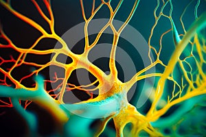 Macro view of neuron inside brain nerve cell with, generative AI