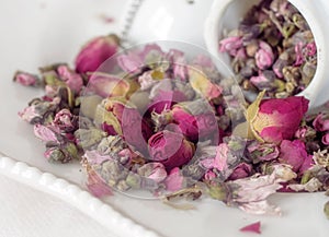 Macro view of organic peach rose herb tea