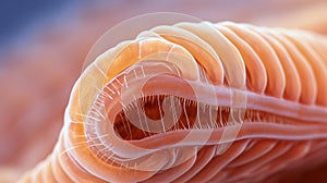 Macro view of Parasitic worm, beef tapeworm, cestode. Helminth close up. Concept of medical research, parasite life