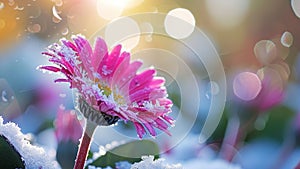 Macro View: Pink Daisy with Icy Crystals