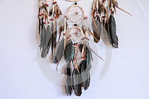 Macro view of real native dream catcher details on pure white ba