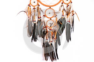 Macro view of real native dream catcher details on pure white ba