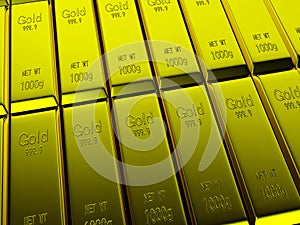 Macro view of rows of gold bars