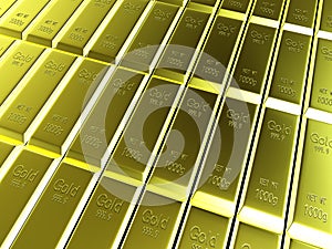 Macro view of rows of gold bars