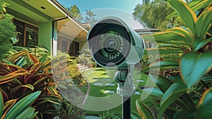 Macro view of a security camera being positioned to cover the entire perimeter of the house with its wide angle lens photo