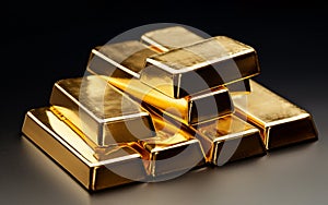 Macro view of stacks of gold bars on a black background. AI Generated