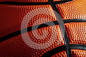 Macro view of textured leather basketball surface. Streetball and hoops