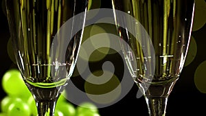 Macro view of two glasses full of sparkling wine against illumination background
