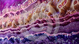 Macro view of urinary bladder wall with vibrant patterns resembling cells, textures under microscope