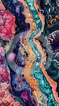 Macro view of urinary bladder wall with vibrant patterns resembling cells, textures under microscope