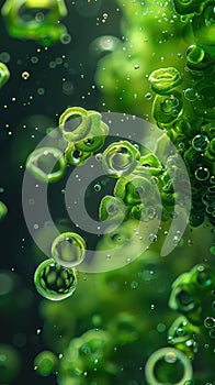 A macro view of vibrant green algae particles floating in freshwater under a microscope