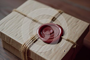 macro view of a wax seal stamp on the lid of a small cardboard gift box
