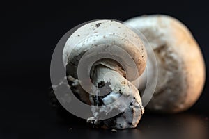 Macro view of white button mushrooms on black background